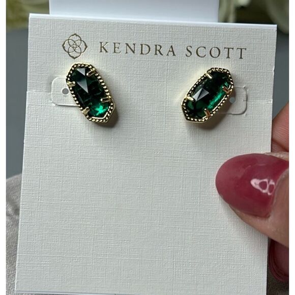 Kendra Scott NEW Ellie emerald green studs earrings gold trim - Picture 4 of 6